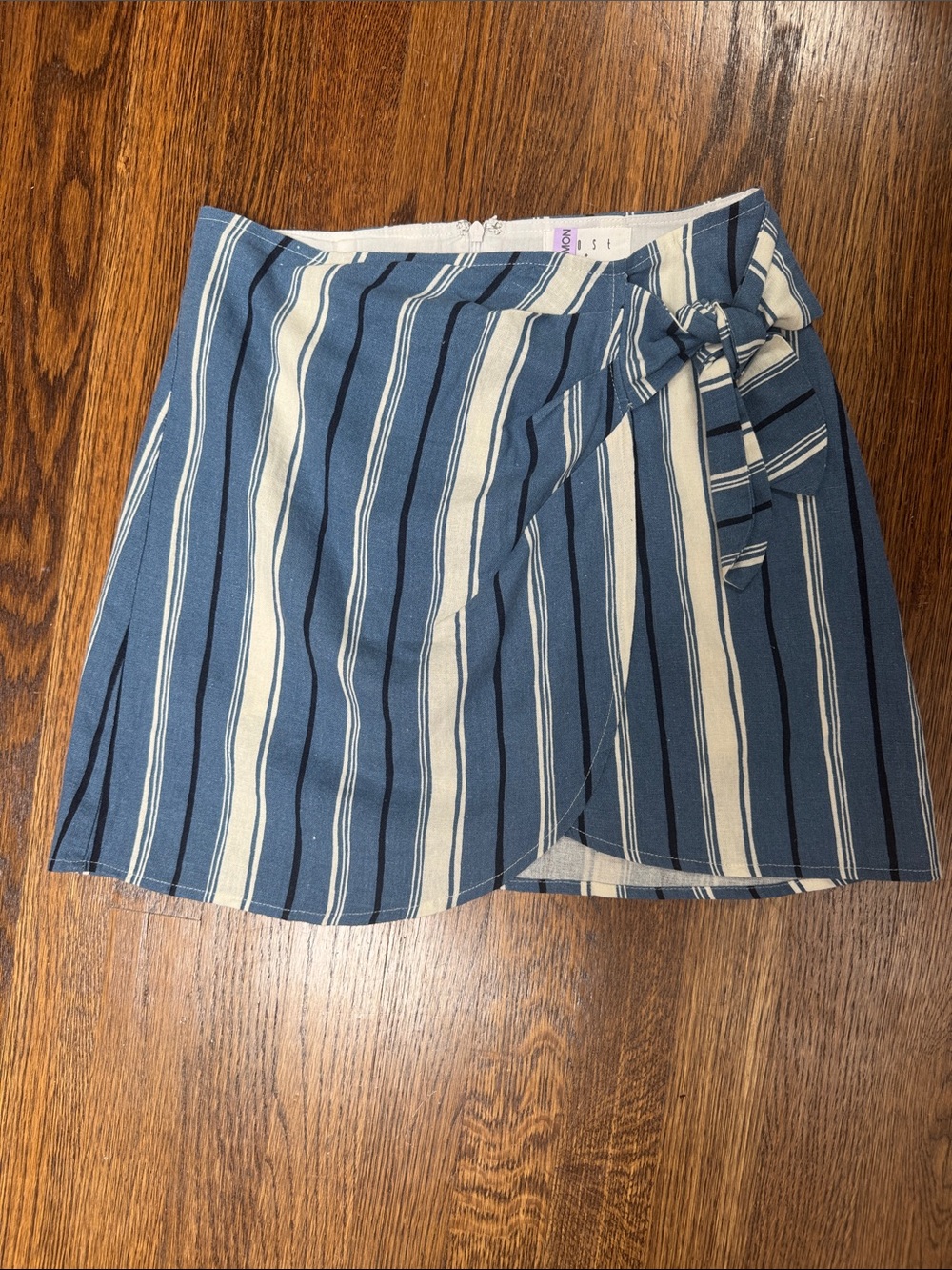 Lost + Wander Blue and Cream Striped Faux Wrap Skirt